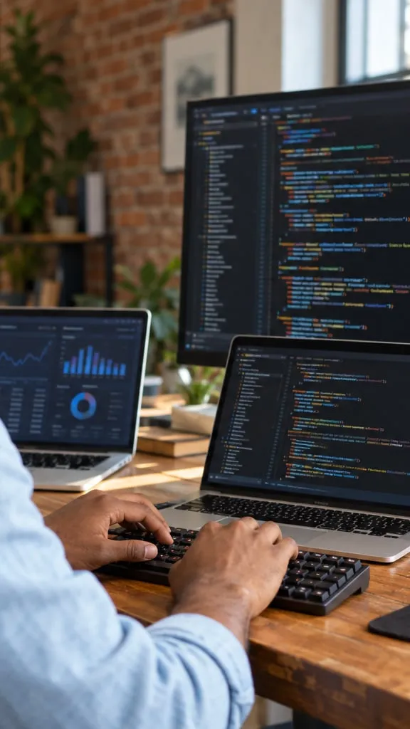 Desenvolvedor trabalha em uma mesa com notebook e monitor