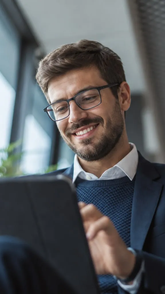Homem de terno sorri enquanto assina no tablet