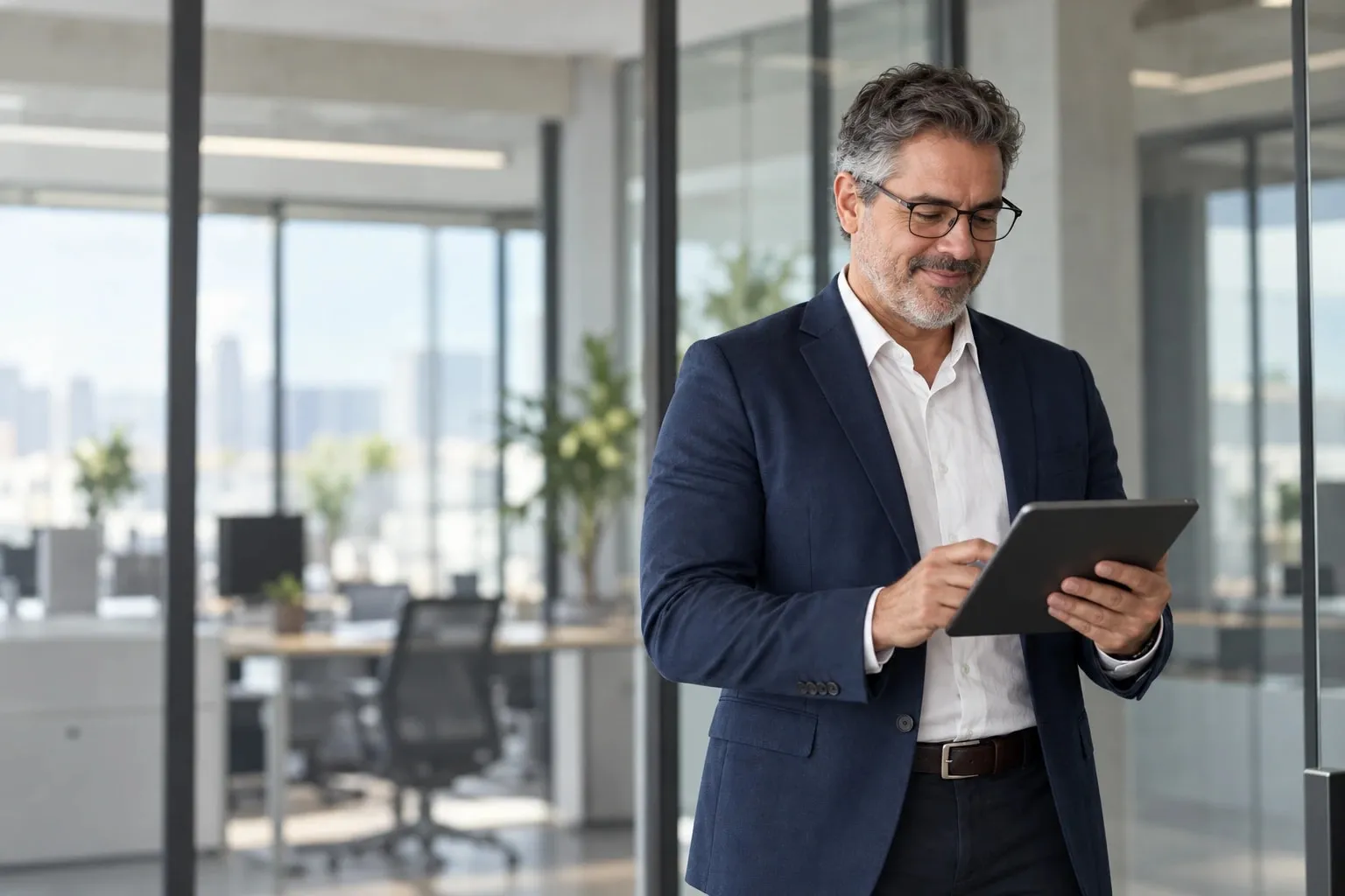 Executivo usa o tablet em um escritório