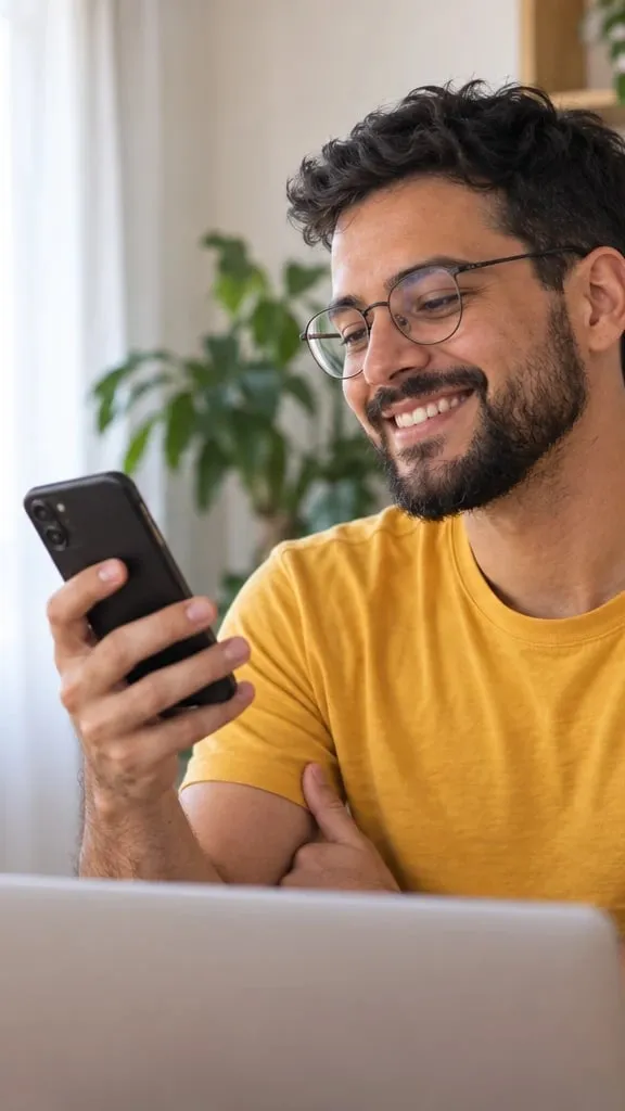 Homem sorri ao ler uma mensagem no celular, em casa
