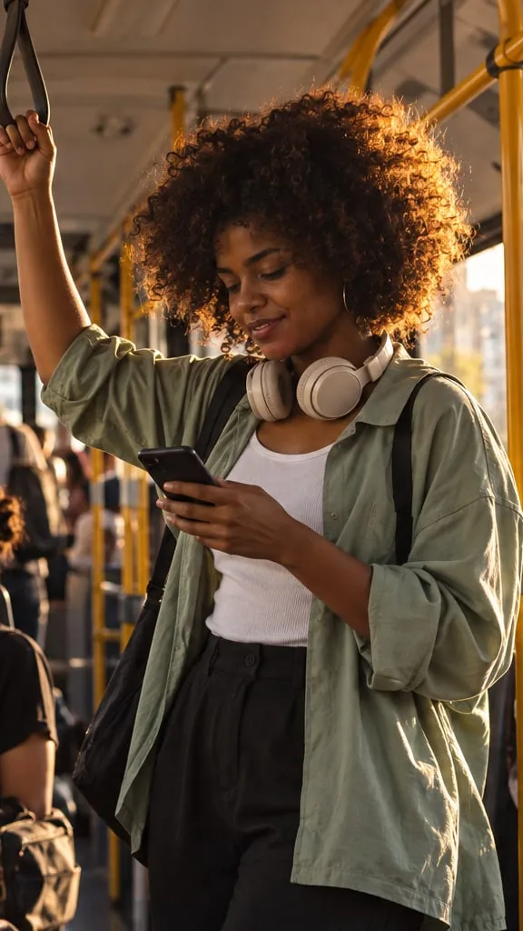 Moça de pé no ônibus assina um documento pelo celular