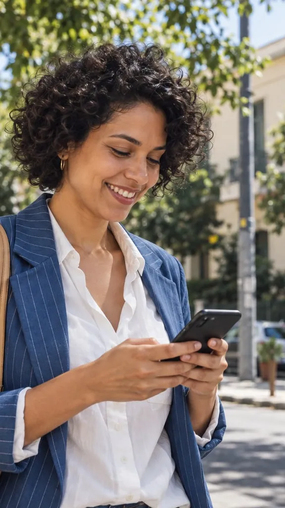 Mulher na rua sorri ao ver o lembrete no celular