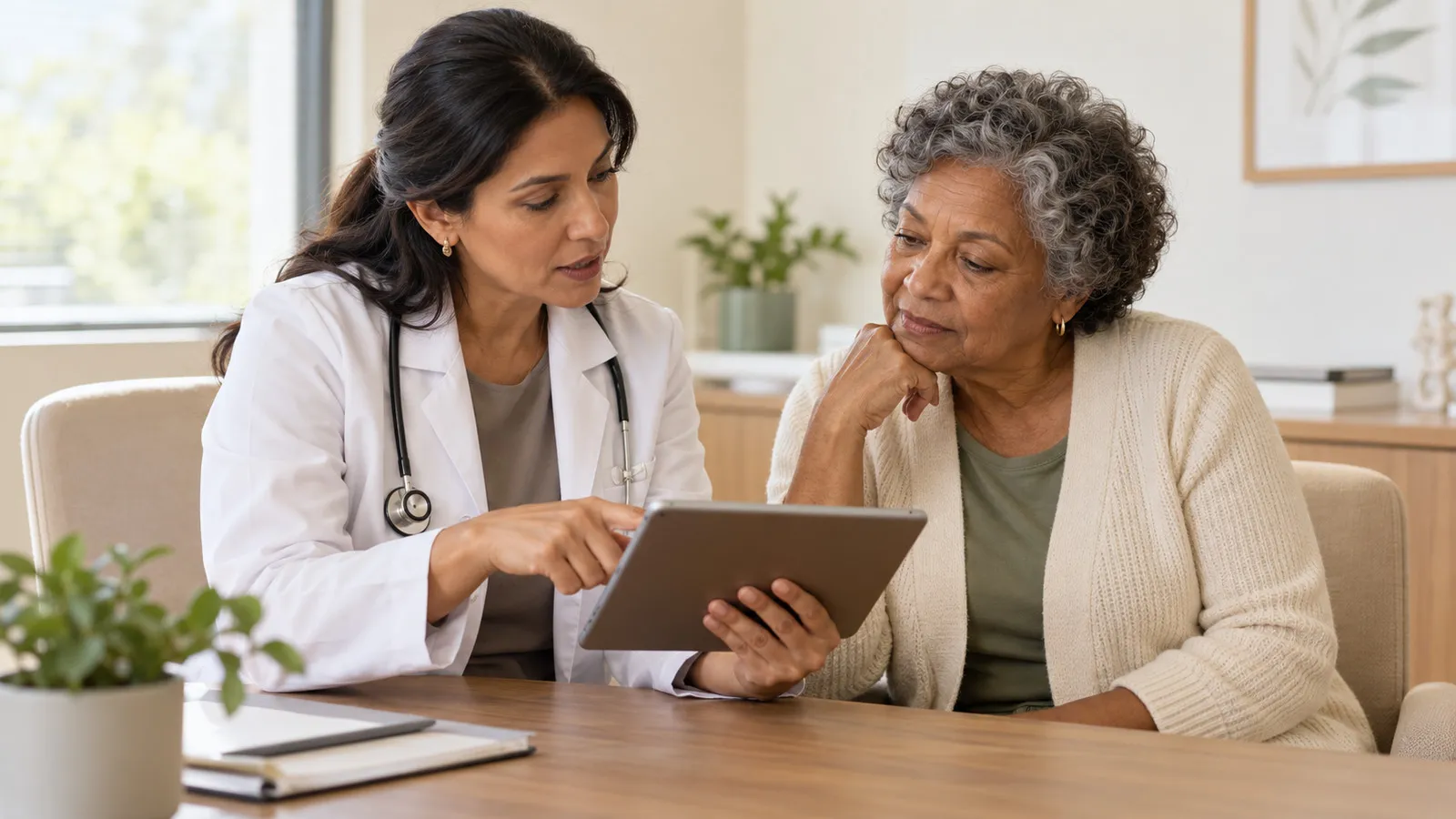 Médica conversa com paciente idosa e mostra um documento no tablet