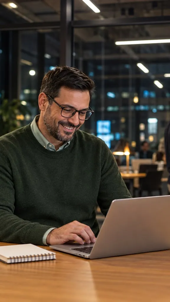 Homem de suéter sorri trabalhando no notebook em um coworking