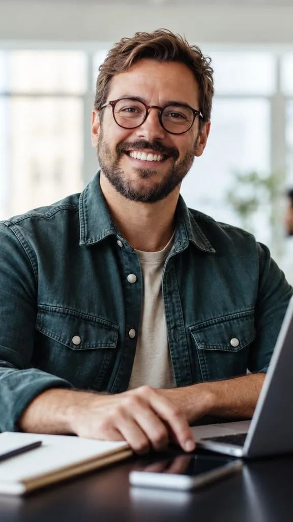 Homem de camisa jeans sorri sentado diante do notebook